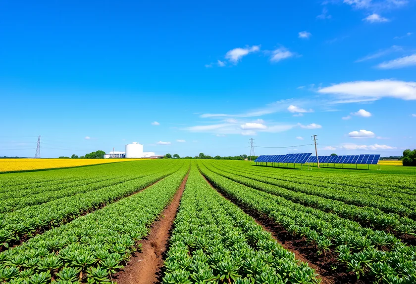 farmland stretching under blue skies with biogas plant and s
