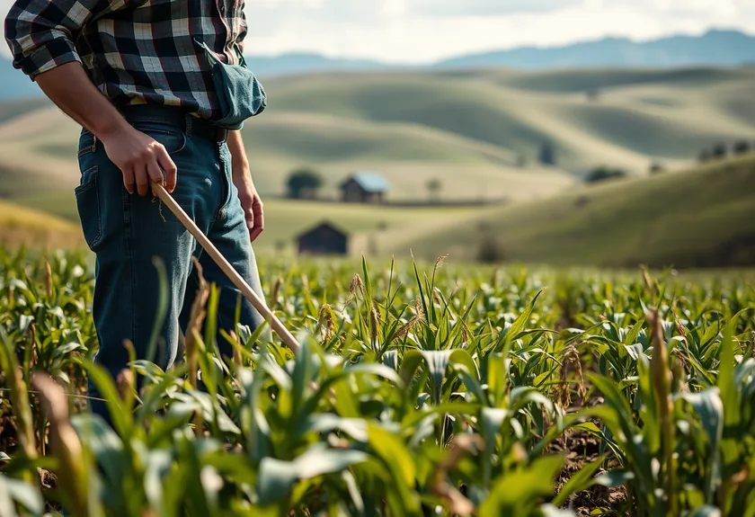 a close up of a farmer tending to crops in a field surrounde