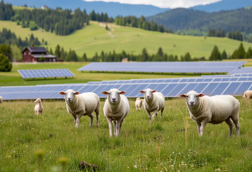sheep grazing on a lush meadow near a solar farm with distan