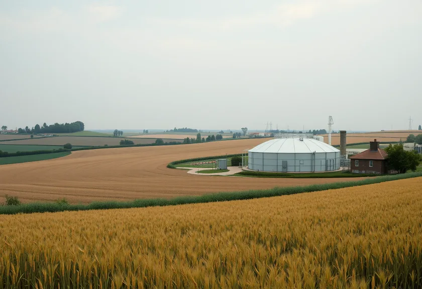panoramic view of a farmstead with fields of wheat and a bio