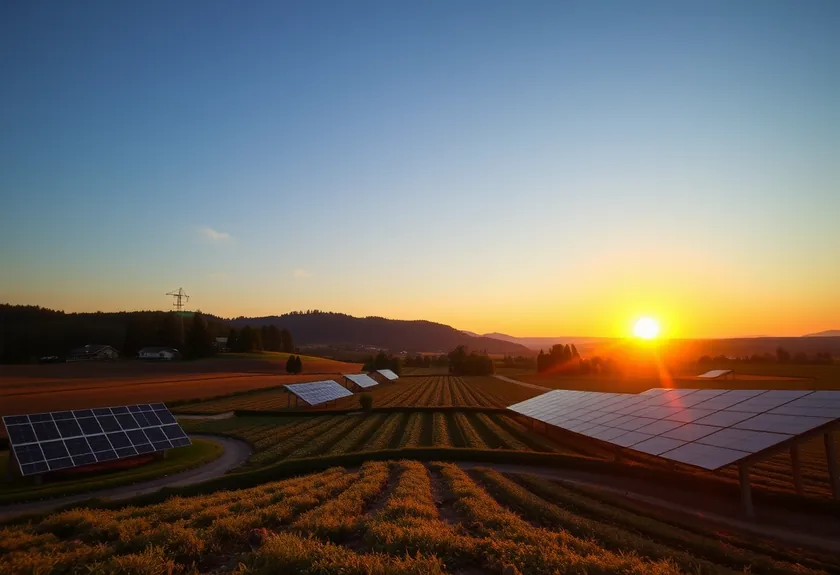 sunset over a landscape featuring both traditional agricultu