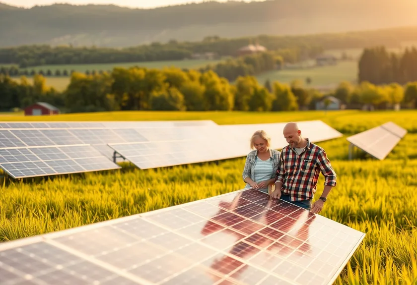 Landwirte auf einem Feld mit Solaranlage in der Region Hohenlohe