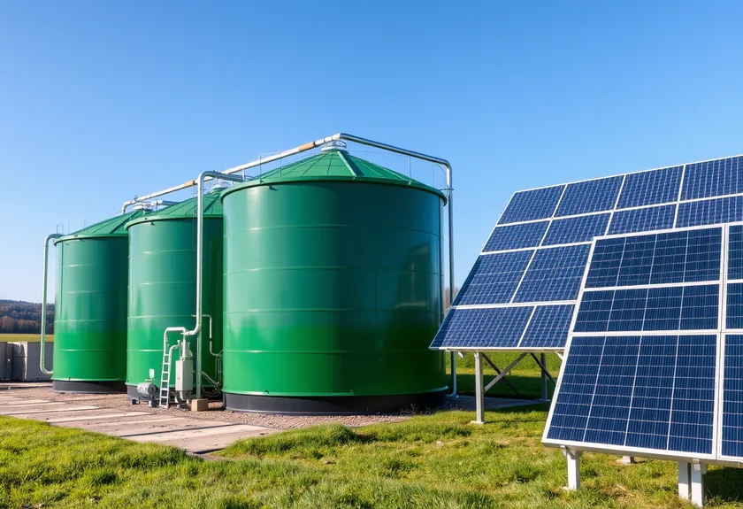 Biogasanlage und Solaranlage auf einem Hof
