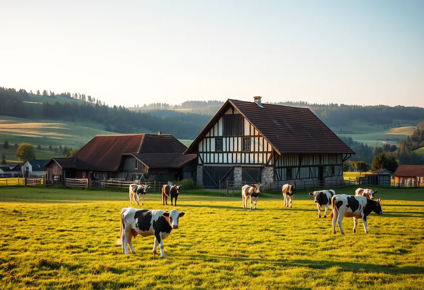 Bauernhof mit Feldern und Weidetieren